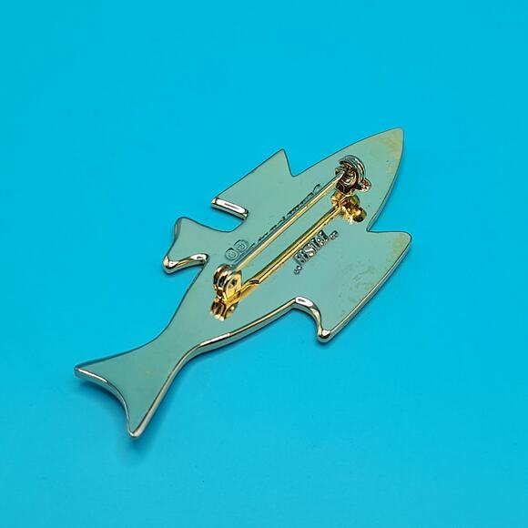 Vintage Laurel Burch Fish Brooch, Cloisonné Enamel Black Brown, Gold Plated 1980 - Picture 7 of 10